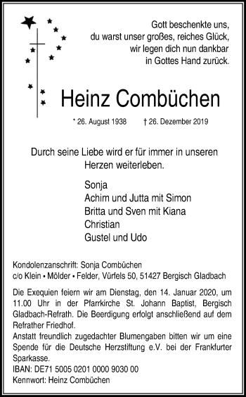 Anzeige von Heinz Combüchen von Kölner Stadt-Anzeiger / Kölnische Rundschau / Express
