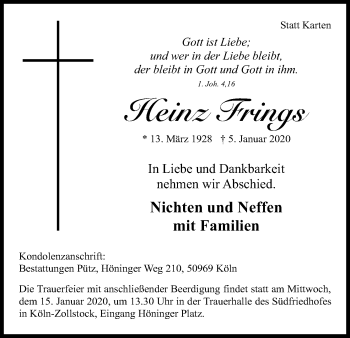 Anzeige von Heinz Frings von Kölner Stadt-Anzeiger / Kölnische Rundschau / Express
