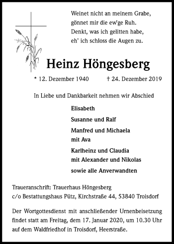 Anzeige von Heinz Höngesberg von Kölner Stadt-Anzeiger / Kölnische Rundschau / Express