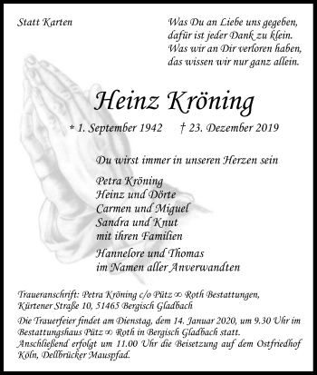 Anzeige von Heinz Kröning von Kölner Stadt-Anzeiger / Kölnische Rundschau / Express
