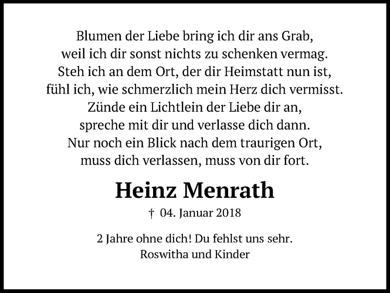  Traueranzeige für Heinz Menrath vom 11.01.2020 aus Kölner Stadt-Anzeiger / Kölnische Rundschau / Express