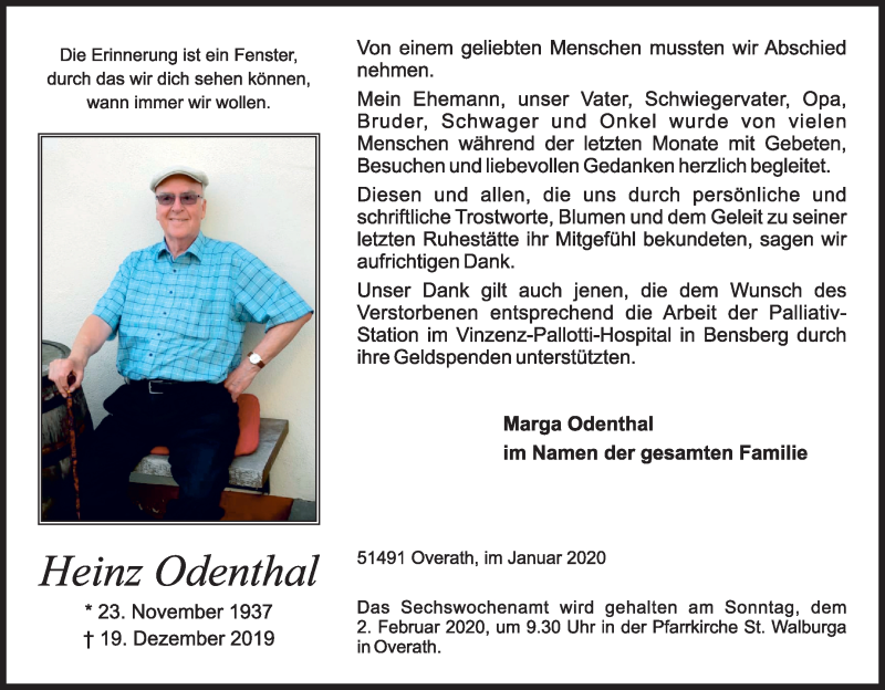  Traueranzeige für Heinz Odenthal vom 18.01.2020 aus Kölner Stadt-Anzeiger / Kölnische Rundschau / Express