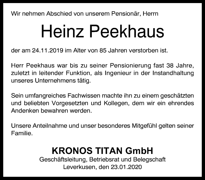  Traueranzeige für Heinz Peekhaus vom 23.01.2020 aus Kölner Stadt-Anzeiger / Kölnische Rundschau / Express