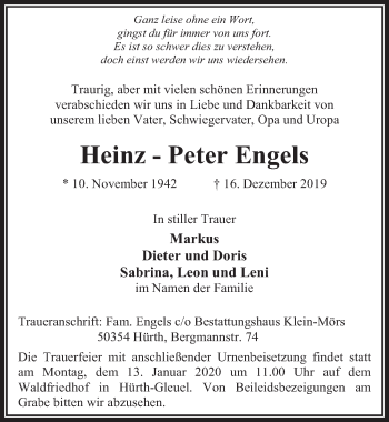 Anzeige von Heinz-Peter Engels von  Wochenende 