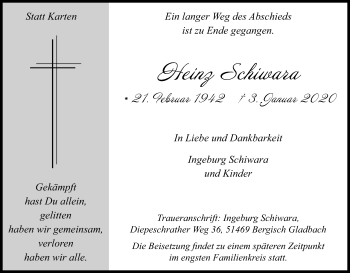 Anzeige von Heinz Schiwara von Kölner Stadt-Anzeiger / Kölnische Rundschau / Express