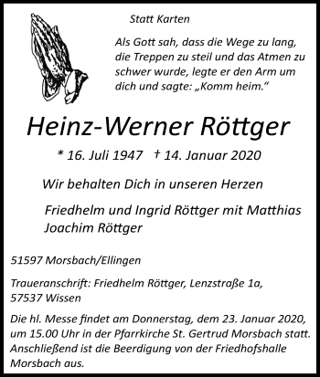 Anzeige von Heinz-Werner Röttger von Kölner Stadt-Anzeiger / Kölnische Rundschau / Express