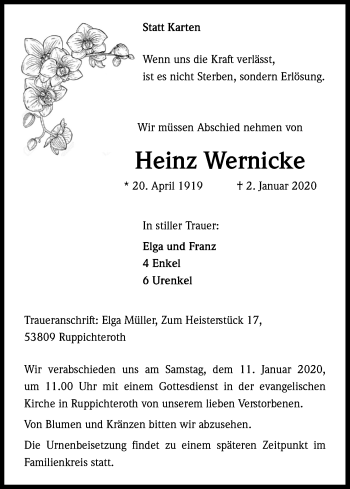 Anzeige von Heinz Wernicke von Kölner Stadt-Anzeiger / Kölnische Rundschau / Express