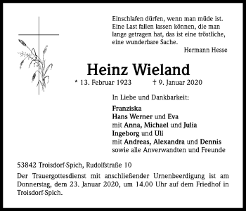 Anzeige von Heinz Wieland von Kölner Stadt-Anzeiger / Kölnische Rundschau / Express