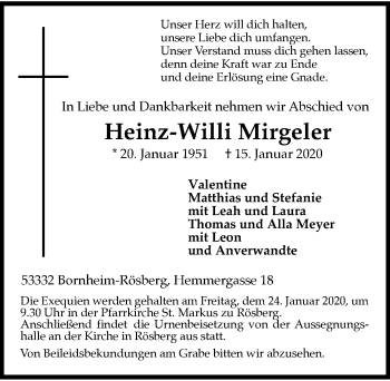 Anzeige von Heinz-Willi Mirgeler von  Schaufenster/Blickpunkt 