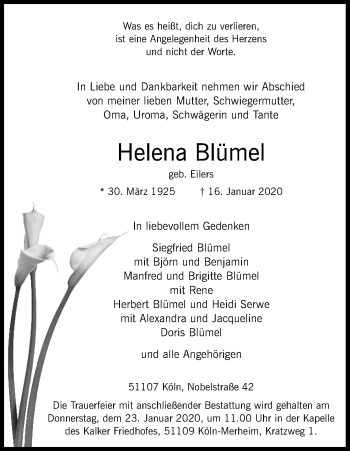 Anzeige von Helena Blümel von Kölner Stadt-Anzeiger / Kölnische Rundschau / Express