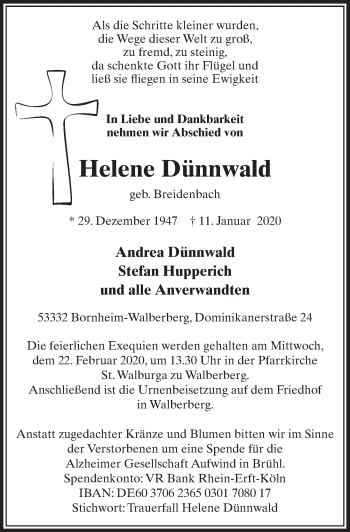 Anzeige von Helene Dünnwald von  Schlossbote/Werbekurier 