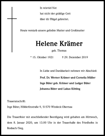 Anzeige von Helene Krämer von Kölner Stadt-Anzeiger / Kölnische Rundschau / Express