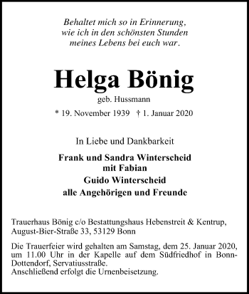 Anzeige von Helga Bönig von Kölner Stadt-Anzeiger / Kölnische Rundschau / Express