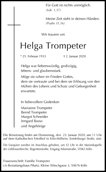 Anzeige von Helga Trompeter von Kölner Stadt-Anzeiger / Kölnische Rundschau / Express