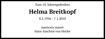 Anzeige von Helma Breitkopf von Kölner Stadt-Anzeiger / Kölnische Rundschau / Express
