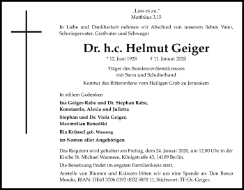 Anzeige von Helmut Geiger von Kölner Stadt-Anzeiger / Kölnische Rundschau / Express