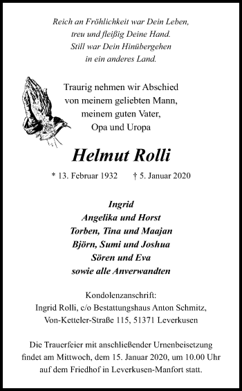Anzeige von Helmut Rolli von Kölner Stadt-Anzeiger / Kölnische Rundschau / Express