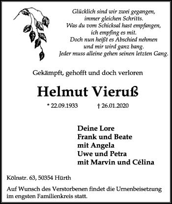 Anzeige von Helmut Vieruß von Kölner Stadt-Anzeiger / Kölnische Rundschau / Express
