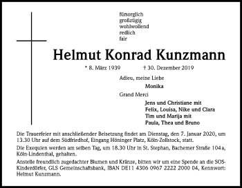 Anzeige von Helmut Konrad Kunzmann von Kölner Stadt-Anzeiger / Kölnische Rundschau / Express