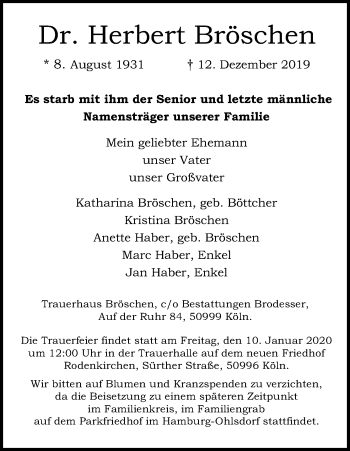 Anzeige von Herbert Bröschen von Kölner Stadt-Anzeiger / Kölnische Rundschau / Express