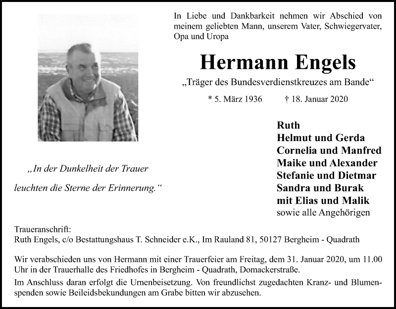  Traueranzeige für Hermann Engels vom 25.01.2020 aus Kölner Stadt-Anzeiger / Kölnische Rundschau / Express