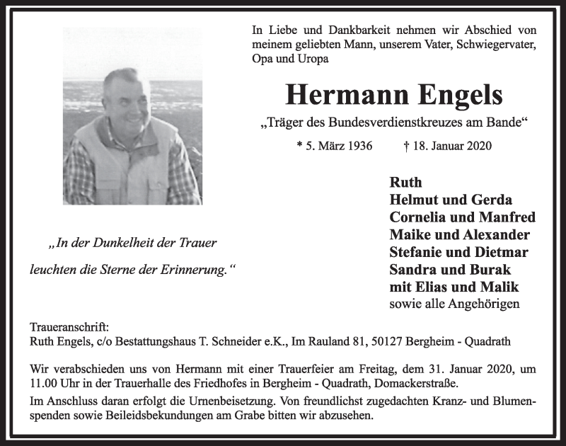  Traueranzeige für Hermann Engels vom 25.01.2020 aus  Sonntags-Post 