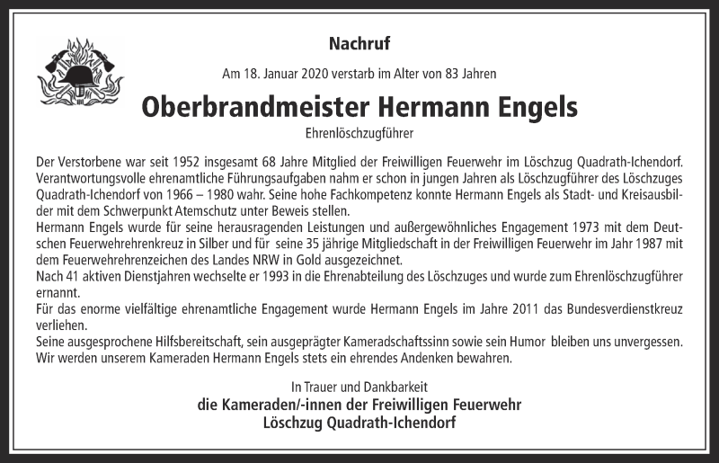  Traueranzeige für Hermann Engels vom 29.01.2020 aus  Werbepost 
