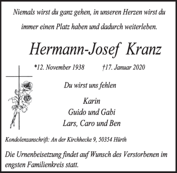 Anzeige von Hermann-Josef Kranz von  Sonntags-Post 