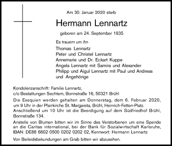 Anzeige von Hermann Lennartz von Kölner Stadt-Anzeiger / Kölnische Rundschau / Express