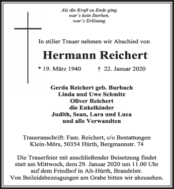 Anzeige von Hermann Reichert von  Sonntags-Post 