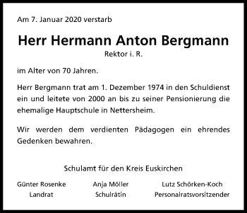 Anzeige von Hermann Anton Bergmann von Kölner Stadt-Anzeiger / Kölnische Rundschau / Express