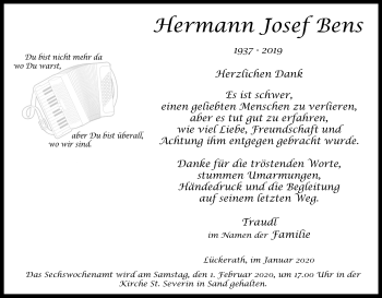 Anzeige von Hermann Josef Bens von Kölner Stadt-Anzeiger / Kölnische Rundschau / Express