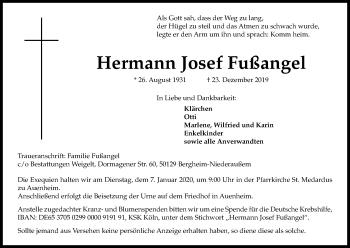 Anzeige von Hermann Josef Fußangel von Kölner Stadt-Anzeiger / Kölnische Rundschau / Express