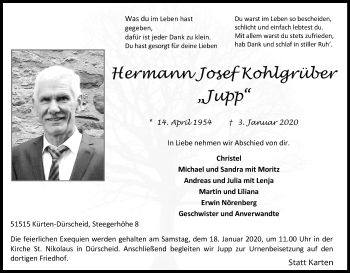Anzeige von Hermann Josef Kohlgrüber von Kölner Stadt-Anzeiger / Kölnische Rundschau / Express