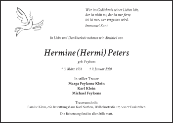 Anzeige von Hermine Peters von  Blickpunkt Euskirchen 
