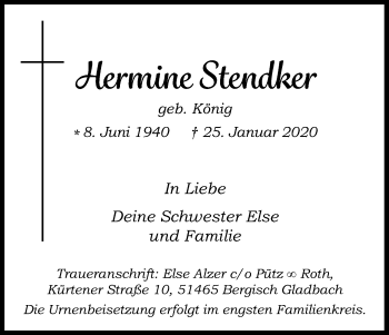 Anzeige von Hermine Stendker von Kölner Stadt-Anzeiger / Kölnische Rundschau / Express