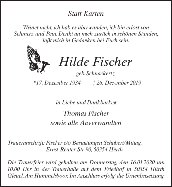 Anzeige von Hilde Fischer von  Wochenende 