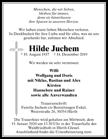 Anzeige von Hilde Juchem von Kölner Stadt-Anzeiger / Kölnische Rundschau / Express