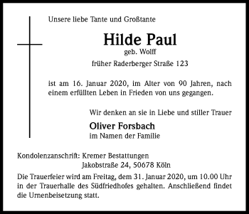 Anzeige von Hilde Paul von Kölner Stadt-Anzeiger / Kölnische Rundschau / Express
