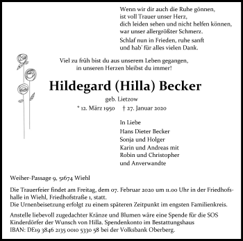 Anzeige von Hildegard Becker von Kölner Stadt-Anzeiger / Kölnische Rundschau / Express