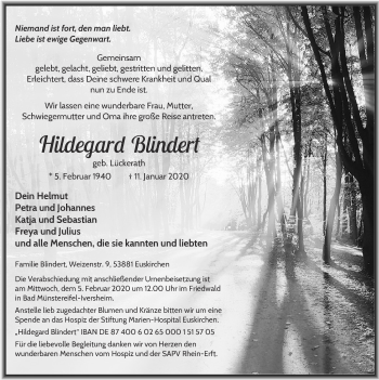 Anzeige von Hildegard Blindert von  Blickpunkt Euskirchen 