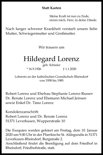Anzeige von Hildegard Lorenz von Kölner Stadt-Anzeiger / Kölnische Rundschau / Express