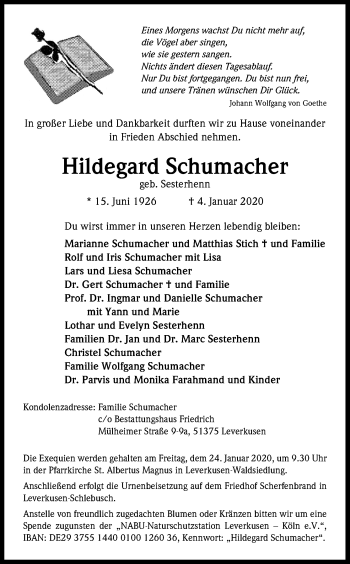 Anzeige von Hildegard Schumacher von Kölner Stadt-Anzeiger / Kölnische Rundschau / Express
