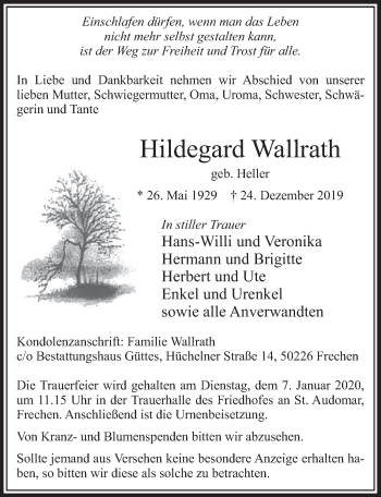 Anzeige von Hildegard Wallrath von  Sonntags-Post 