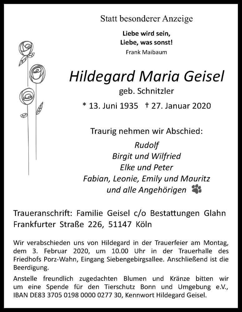  Traueranzeige für Hildegard Maria Geisel vom 01.02.2020 aus Kölner Stadt-Anzeiger / Kölnische Rundschau / Express