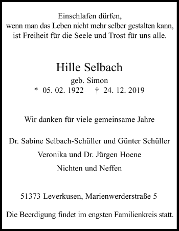 Anzeige von Hille Selbach von Kölner Stadt-Anzeiger / Kölnische Rundschau / Express