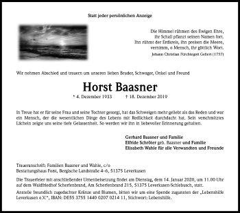 Anzeige von Horst Baasner von Kölner Stadt-Anzeiger / Kölnische Rundschau / Express
