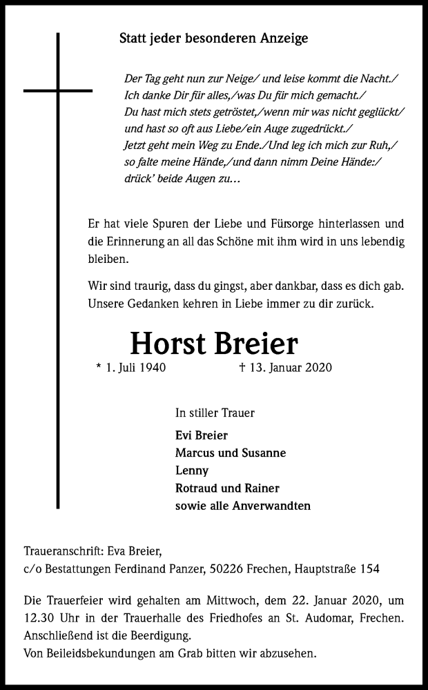  Traueranzeige für Horst Breier vom 18.01.2020 aus Kölner Stadt-Anzeiger / Kölnische Rundschau / Express