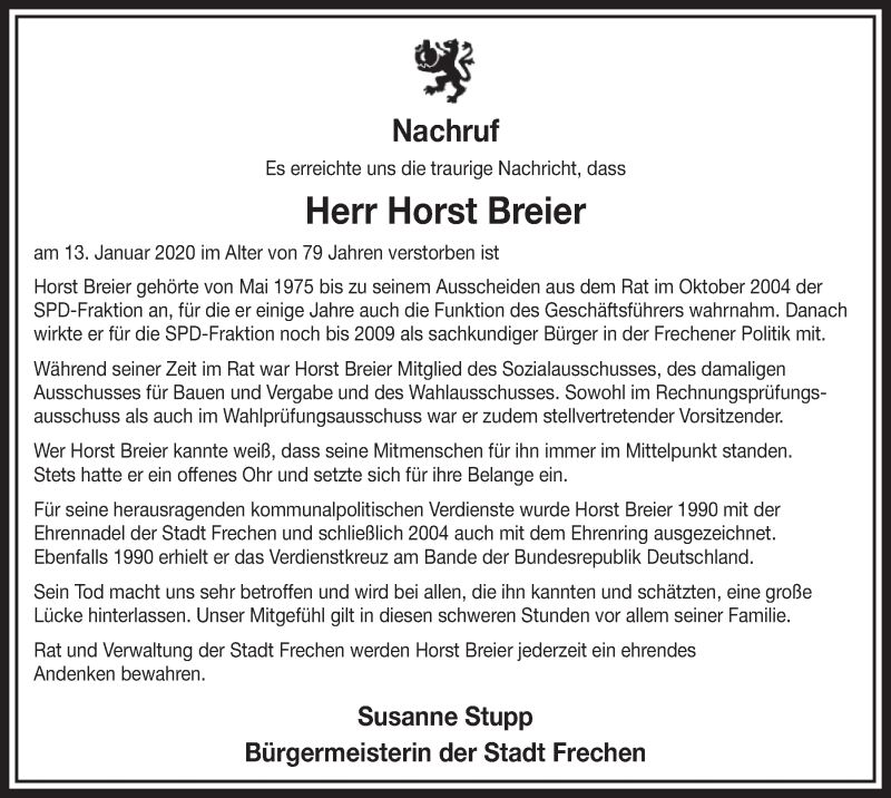  Traueranzeige für Horst Breier vom 18.01.2020 aus  Sonntags-Post 