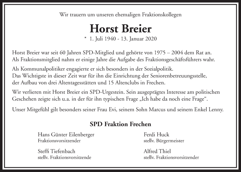  Traueranzeige für Horst Breier vom 18.01.2020 aus  Sonntags-Post 